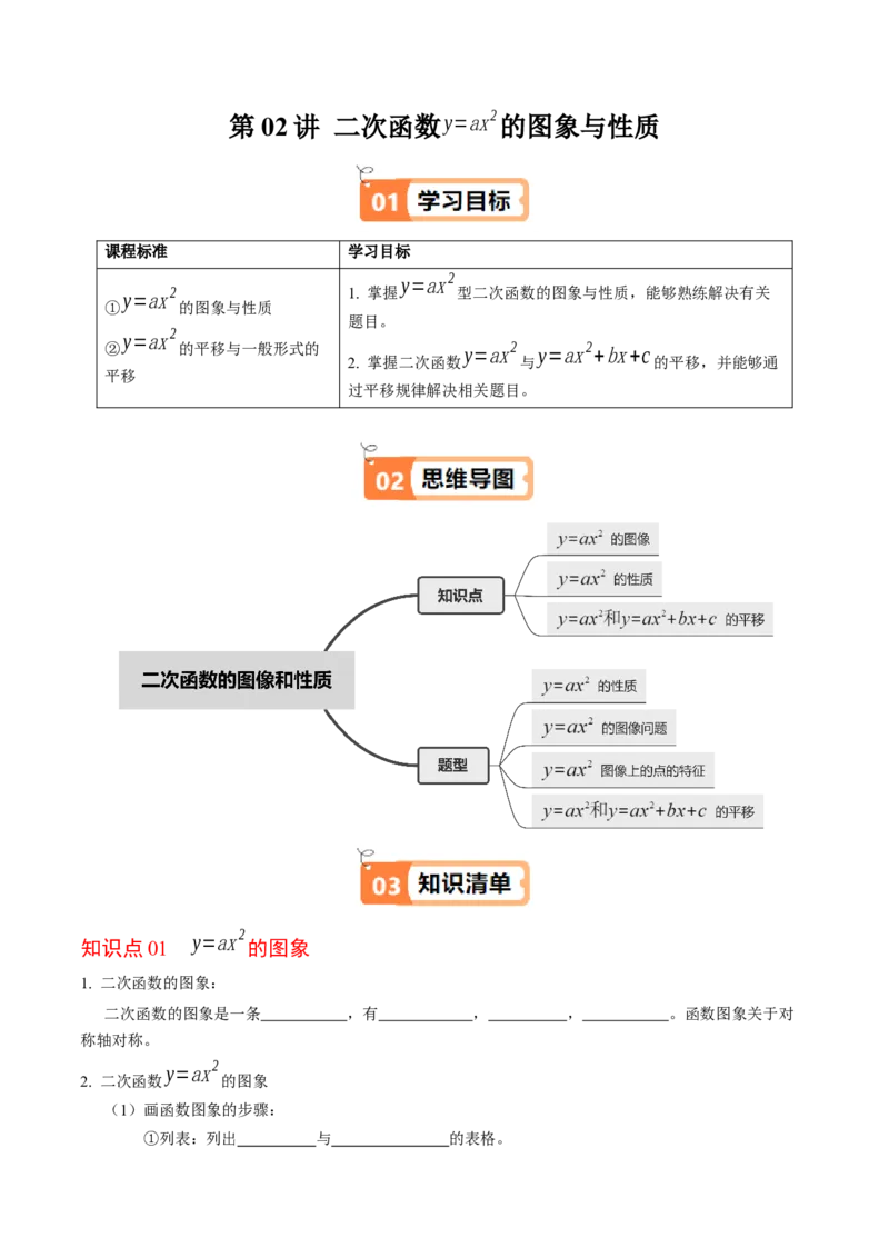 第02讲二次函数的图象与性质（1）（3个知识点+4类热点题型讲练+习题巩固）（学生版）_人教版数学九年级上册_版本二_九年级数学上册（人教版）_同步讲义-U18_2025版