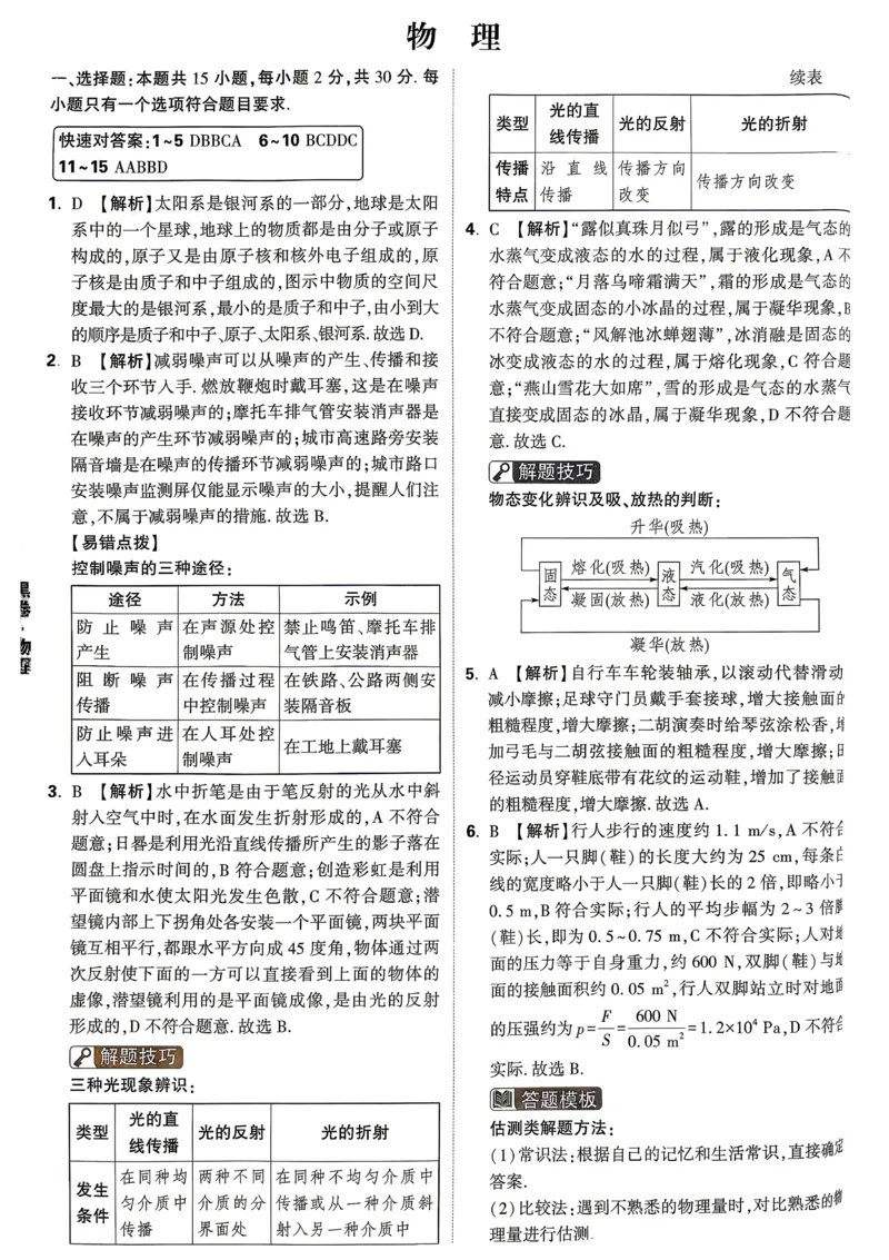 黑卷物理答案_中考押题2026《中考押题》系列（9科全套实时更新中）_万唯2026版初中《万唯黑白卷》7科全套（山东）_2026《万唯中考&bull;山东黑白卷》物理