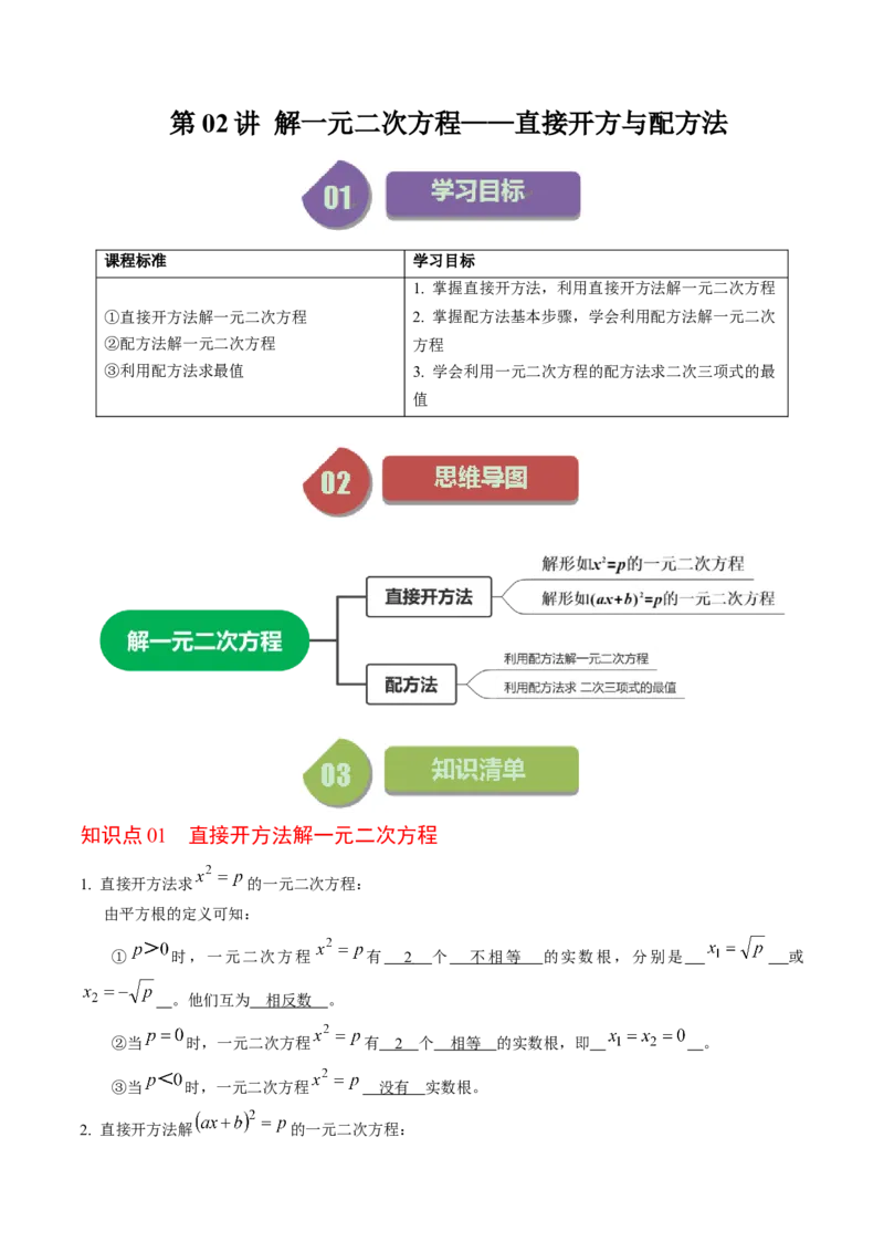第02讲解一元二次方程&mdash;&mdash;直接开方法与配方法（教师版）_人教版数学九年级上册_版本二_九年级数学上册（人教版）_同步讲义-U18_2024版