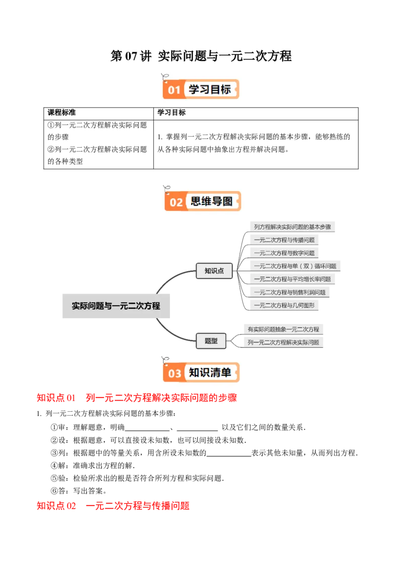 第07讲实际问题与一元二次方程（7个知识点+2类热点题型讲练+习题巩固）（学生版）_人教版数学九年级上册_版本二_九年级数学上册（人教版）_同步讲义-U18_2025版