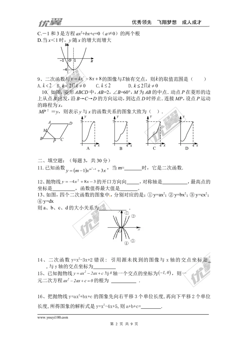 第22章二次函数检测题_人教版数学九年级上册_版本一_人教版数学九年级上册（RJ）--4单元测试卷_人教版数学九年级上册（RJ）--4单元测试卷_章检测题
