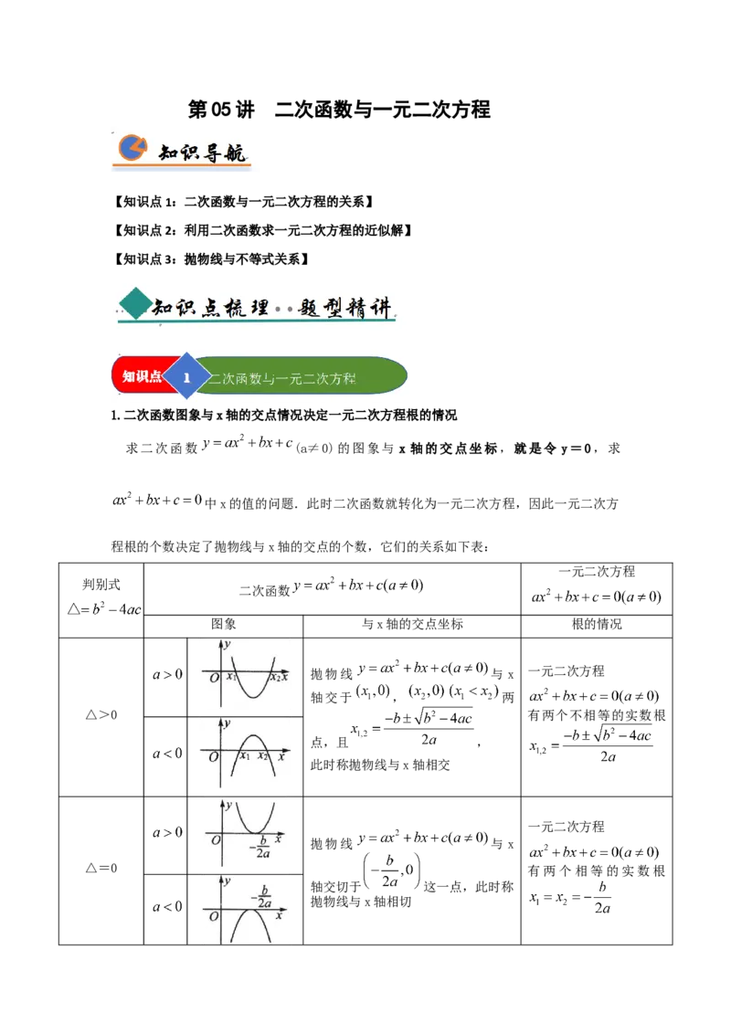 第05讲二次函数与一元二次方程（知识解读题型精讲随堂检测）（学生版）_人教版数学九年级上册_版本二_九年级数学上册（人教版）_知识解读与题型专练-V14_2026版