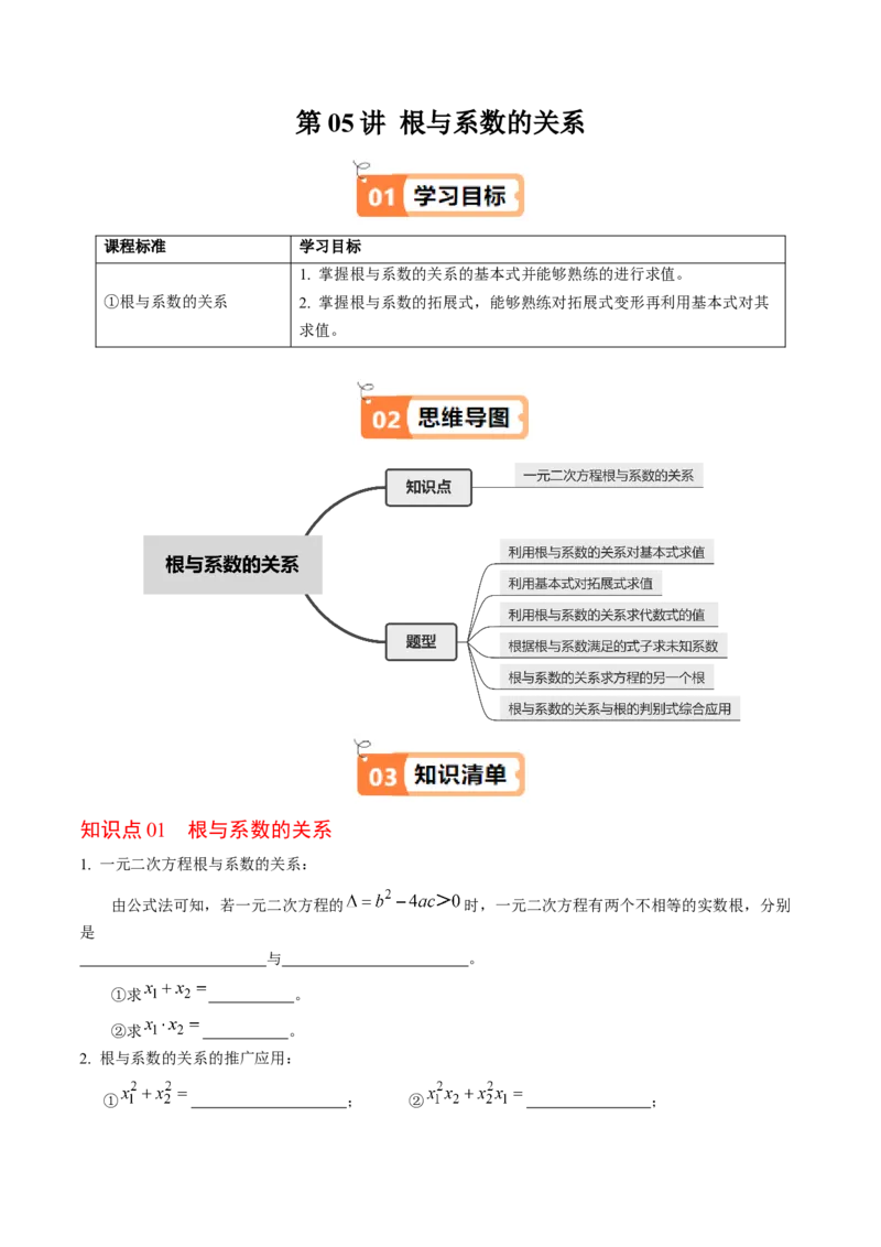 第05讲根与系数的关系（1个知识点+6类热点题型讲练+习题巩固）（学生版）_人教版数学九年级上册_版本二_九年级数学上册（人教版）_同步讲义-U18_2025版