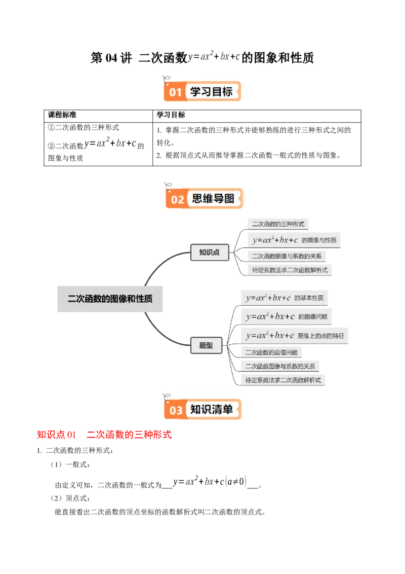 第04讲二次函数的图象与性质（3）（4个知识点+6类热点题型讲练+习题巩固）（教师版）_人教版数学九年级上册_版本二_九年级数学上册（人教版）_同步讲义-U18_2025版