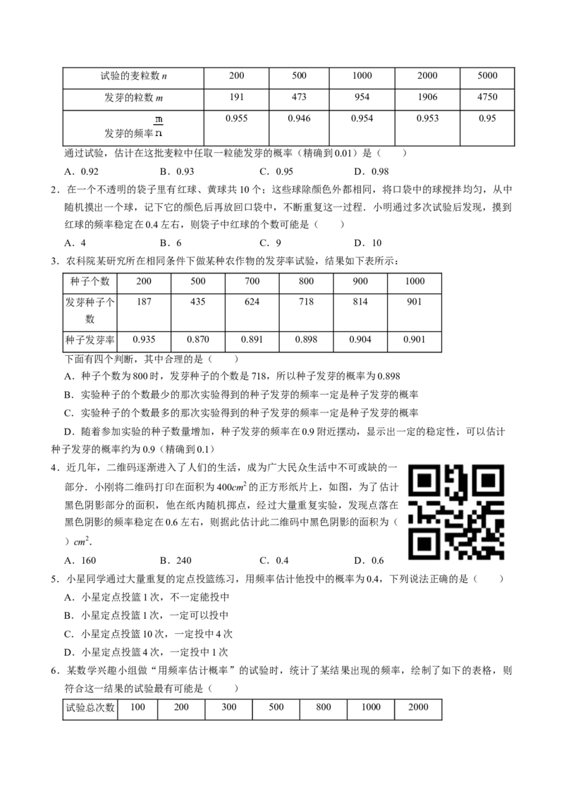 第04讲用频率估算概率（2个知识点+2类热点题型讲练+习题巩固）（学生版）_人教版数学九年级上册_版本二_九年级数学上册（人教版）_同步讲义-U18_2025版