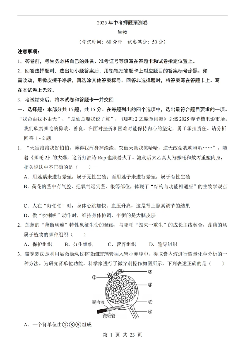 2025中考(会考)生物考前押题卷（山西卷）_幼小初教辅资料_中考_2025中考各科押题卷+模拟卷（含全国）
