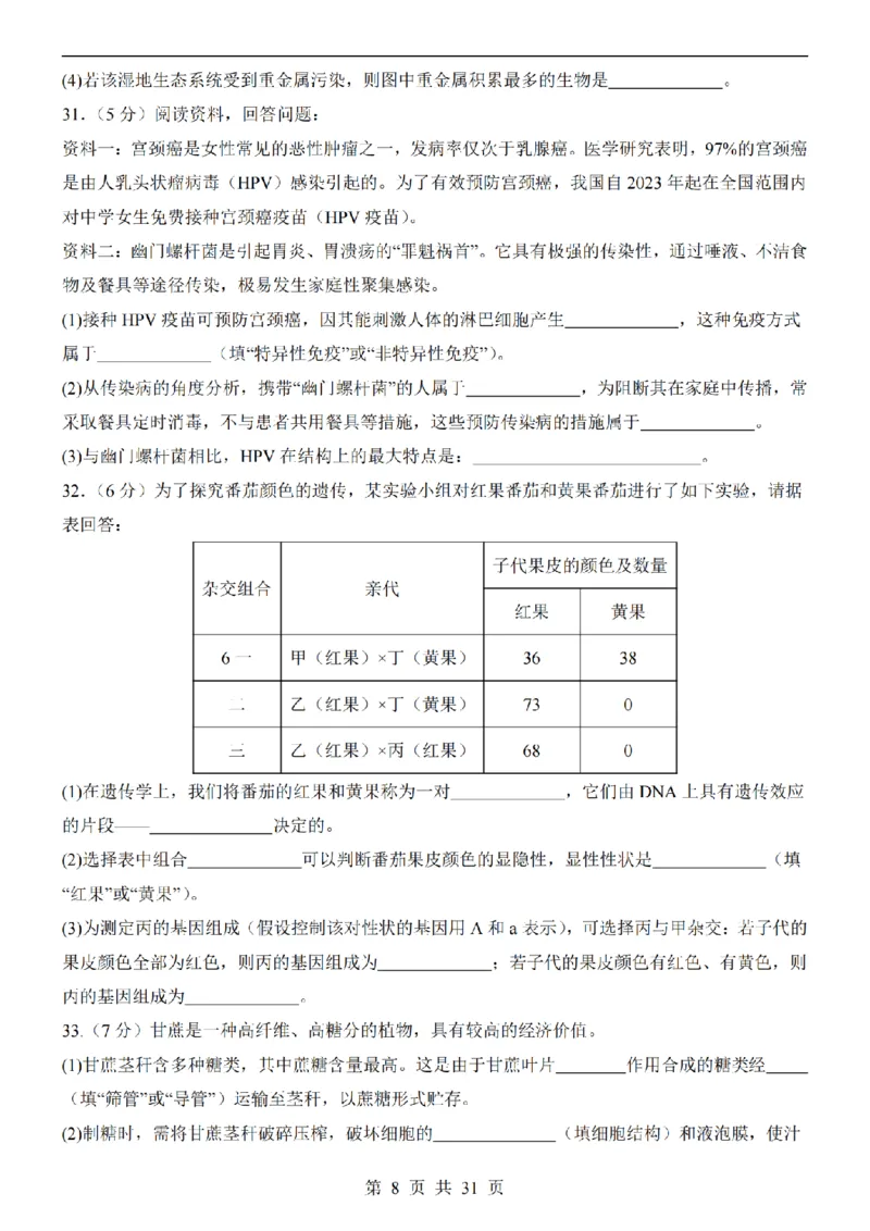 2025中考(会考)生物考前押题卷（福建卷）_幼小初教辅资料_中考_2025中考各科押题卷+模拟卷（含全国）
