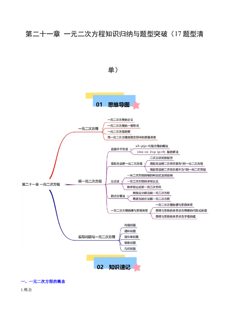 第二十一章一元二次方程知识归纳与题型突破（17题型清单）（学生版）_人教版数学九年级上册_版本二_九年级数学上册（人教版）_单元知识复习专项-U105_2025版