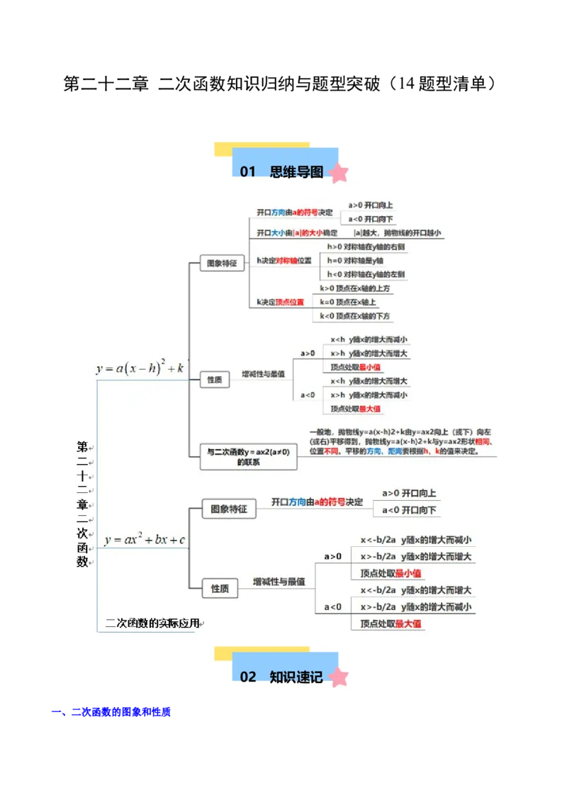 第二十二章二次函数知识归纳与题型突破（14题型清单）（学生版）_人教版数学九年级上册_版本二_九年级数学上册（人教版）_单元知识复习专项-U105_2025版