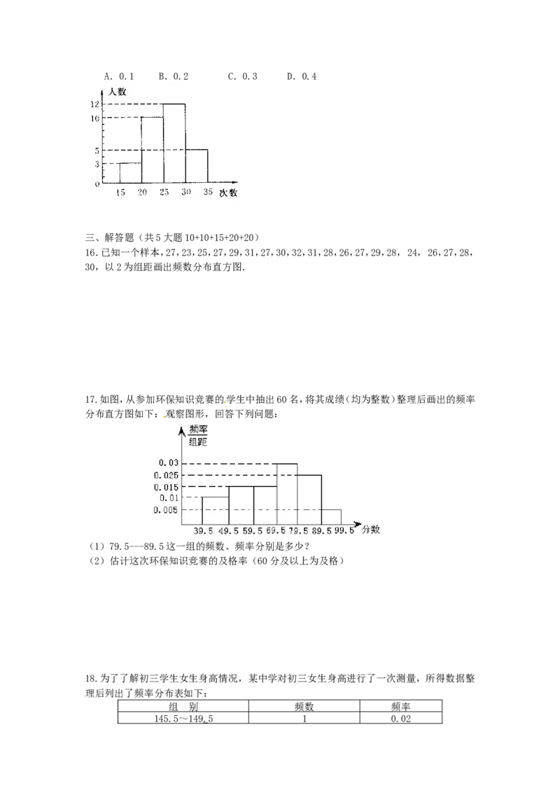 10.2　直方图　　检测题3_1、初中学习资料_4-2、数学_4-2-2、初一数学下册_人教数学七年级下课时练习（148份）_同步练习（第3套含答案）（共59份）