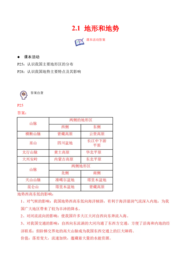 2.1地形和地势-2022-2023学年八年级地理上册课后培优分级练（人教版）（解析版）_1、初中学习资料_4-8、地理_4-8-3、初二地理上册_1.地理8上同步练习（25）