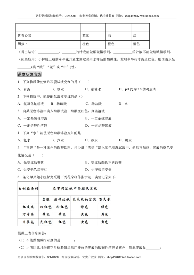 10.1.1酸、碱与指示剂作用（人教版）（原卷版）_1、初中学习资料_4-5、化学_4-5-5、初三化学下册_人教化学九年级下课时练习（072份）_九年级化学下册同步课时轻松过（人教版）