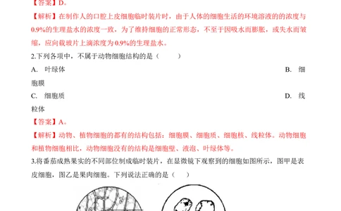 2.1.3动物细胞（习题）-2022-2023学年七年级生物上册同步优质备课资源（人教版）（解析版）_1、初中学习资料_4-6、生物_4-6-1、初一生物上册_同步练习-138份_1、同步第1套新更新23份
