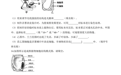 2.1.2植物细胞（习题）-2022-2023学年七年级生物上册同步优质备课资源（人教版）（原卷版）_1、初中学习资料_4-6、生物_4-6-1、初一生物上册_同步练习-138份_1、同步第1套新更新23份