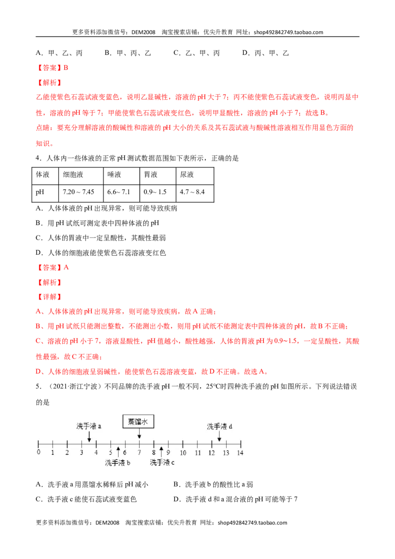 10.2.2溶液酸碱度的表示法&mdash;&mdash;pH（人教版）（解析版）_1、初中学习资料_4-5、化学_4-5-5、初三化学下册_人教化学九年级下课时练习（072份）_九年级化学下册同步课时轻松过（人教版）