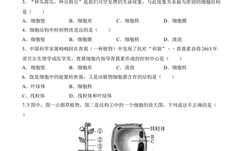 2.1.4细胞的生活（习题）-2022-2023学年七年级生物上册同步优质备课资源（人教版）（原卷版）_1、初中学习资料_4-6、生物_4-6-1、初一生物上册_同步练习-138份_1、同步第1套新更新23份