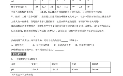 10.2.2溶液酸碱度的表示法&mdash;&mdash;pH（人教版）（原卷版）_1、初中学习资料_4-5、化学_4-5-5、初三化学下册_人教化学九年级下课时练习（072份）_九年级化学下册同步课时轻松过（人教版）