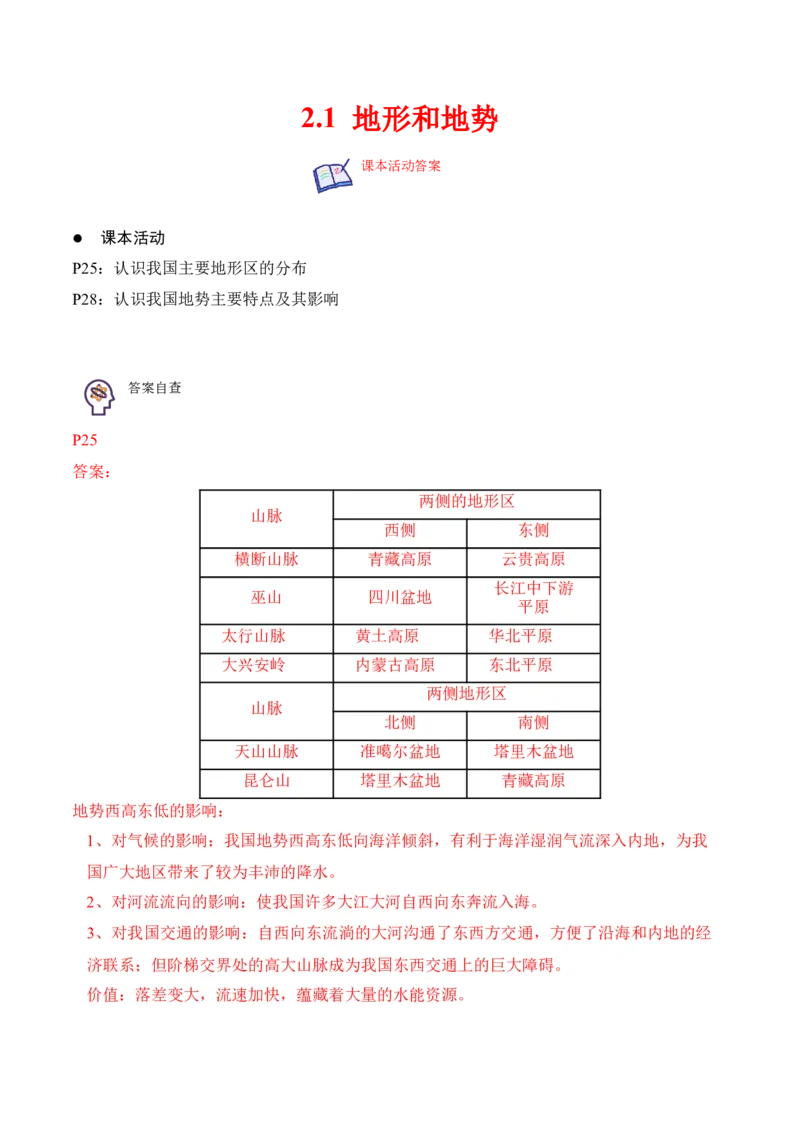 2.1地形和地势-2022-2023学年八年级地理上册课后培优分级练（人教版）（原卷版）_1、初中学习资料_4-8、地理_4-8-3、初二地理上册_1.地理8上同步练习（25）