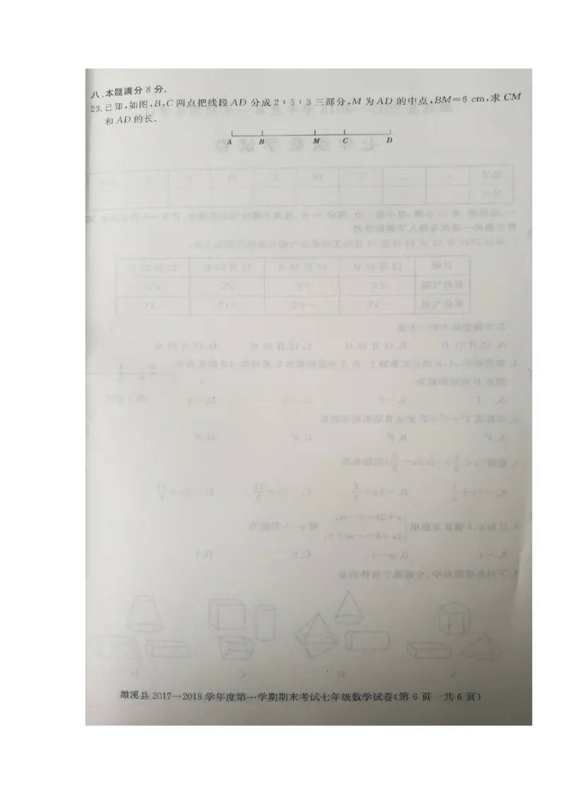 2017-2018学年安徽省淮北市濉溪县七年级上学期期末考试数学试题（图片版）_1、初中学习资料_4-2、数学_北师大版_北师大版初中数学7上_期中、期末、月考、中考真题_期中、期末、月考真题