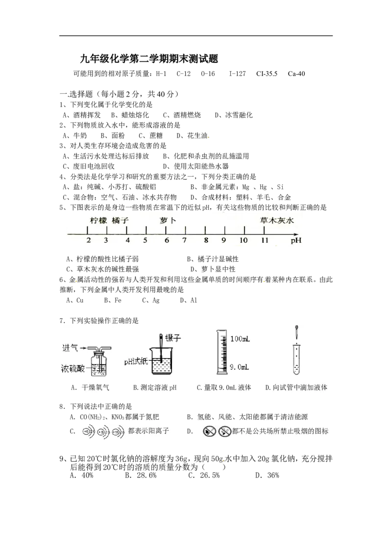 2015届九年级下学期期末测试化学试题_1、初中学习资料_2024秋改版_九上化学课件最新版_化学中考真题卷（2019-2023）_名校真题试卷_联考、期中、期末、模考_往年真题