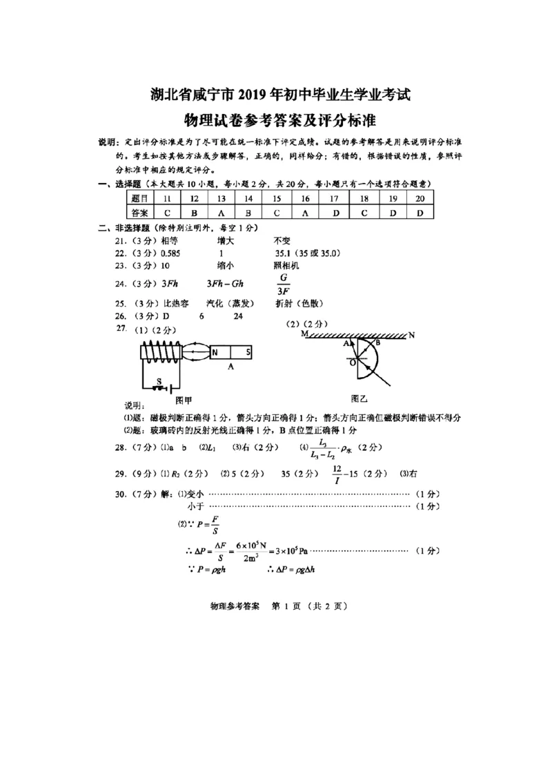2019年湖北省咸宁市初中毕业生学业考试（中考）物理试题（扫描版，有答案）_1、初中学习资料_2024秋改版_八上物理课件最新版_物理中考真题卷（2019-2023）_2019中考物理试卷_湖北