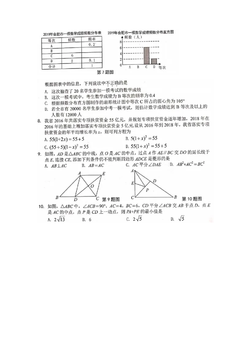 2019年安徽省合肥市九年级数学第二次模拟测试题（含答案，扫描版）_1、初中学习资料_4-2、数学_北师大版_北师大版初中数学9下_2022春九数下(BS)--各阶段精品试题_期中、月考、模拟真题