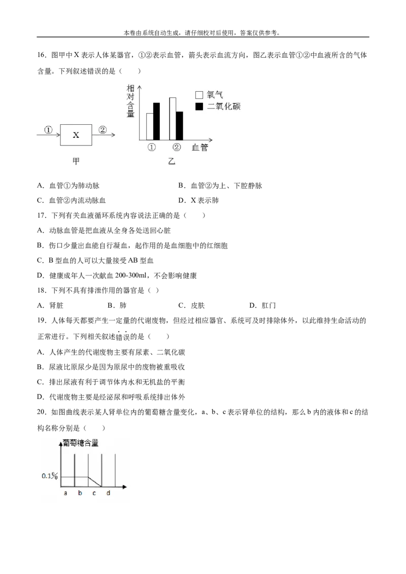 2020-2021学年七年级生物下学期期末仿真模拟冲刺卷（人教版）01（原卷版）_1、初中学习资料_4-6、生物_4-6-2、初一生物下册_期末试卷（7份）