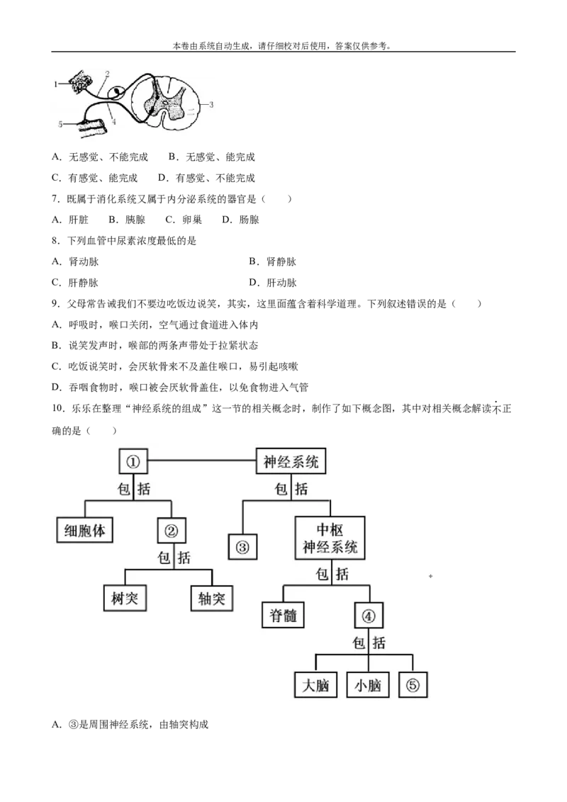 2020-2021学年七年级生物下学期期末仿真模拟冲刺卷（人教版）05（原卷版）_1、初中学习资料_4-6、生物_4-6-2、初一生物下册_期末试卷（7份）