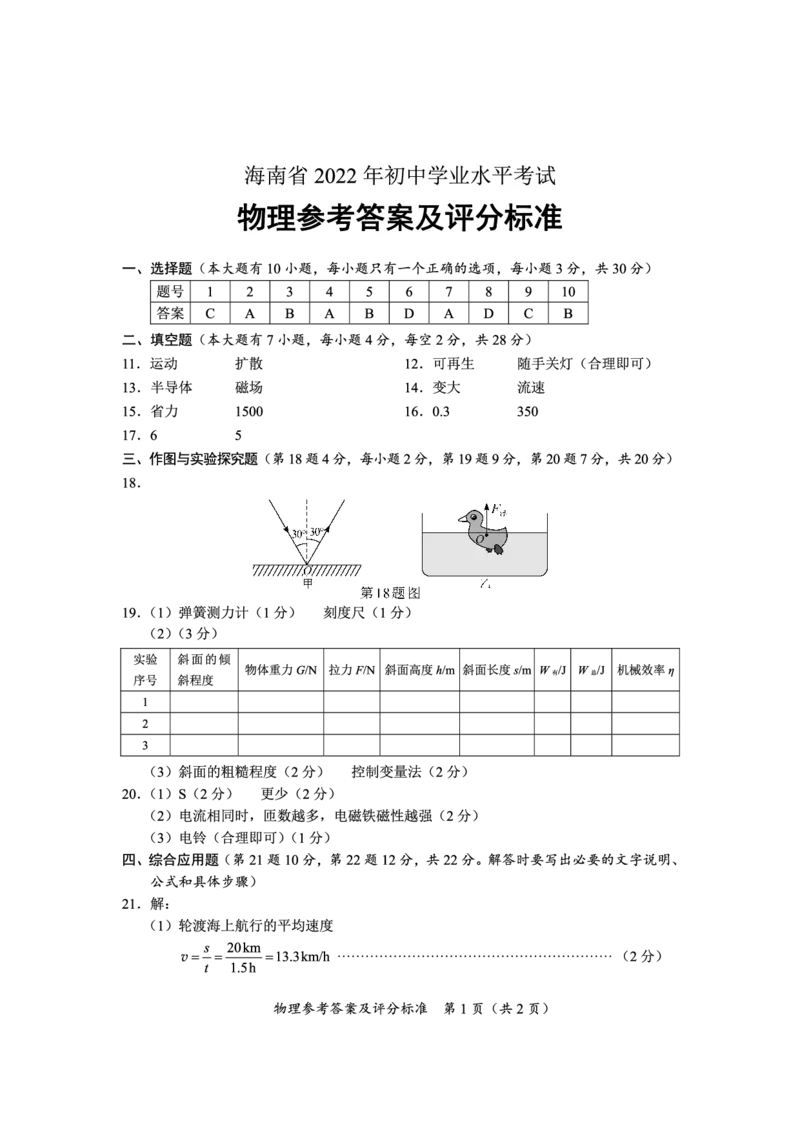 2022年海南省中考物理真题_1、初中学习资料_2024秋改版_八上物理课件最新版_物理中考真题卷（2019-2023）_2022中考物理试卷_海南