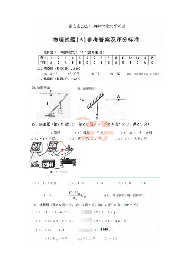 2023年山东省泰安市中考物理真题_1、初中学习资料_2024秋改版_八上物理课件最新版_物理中考真题卷（2019-2023）_2023中考物理试卷_山东
