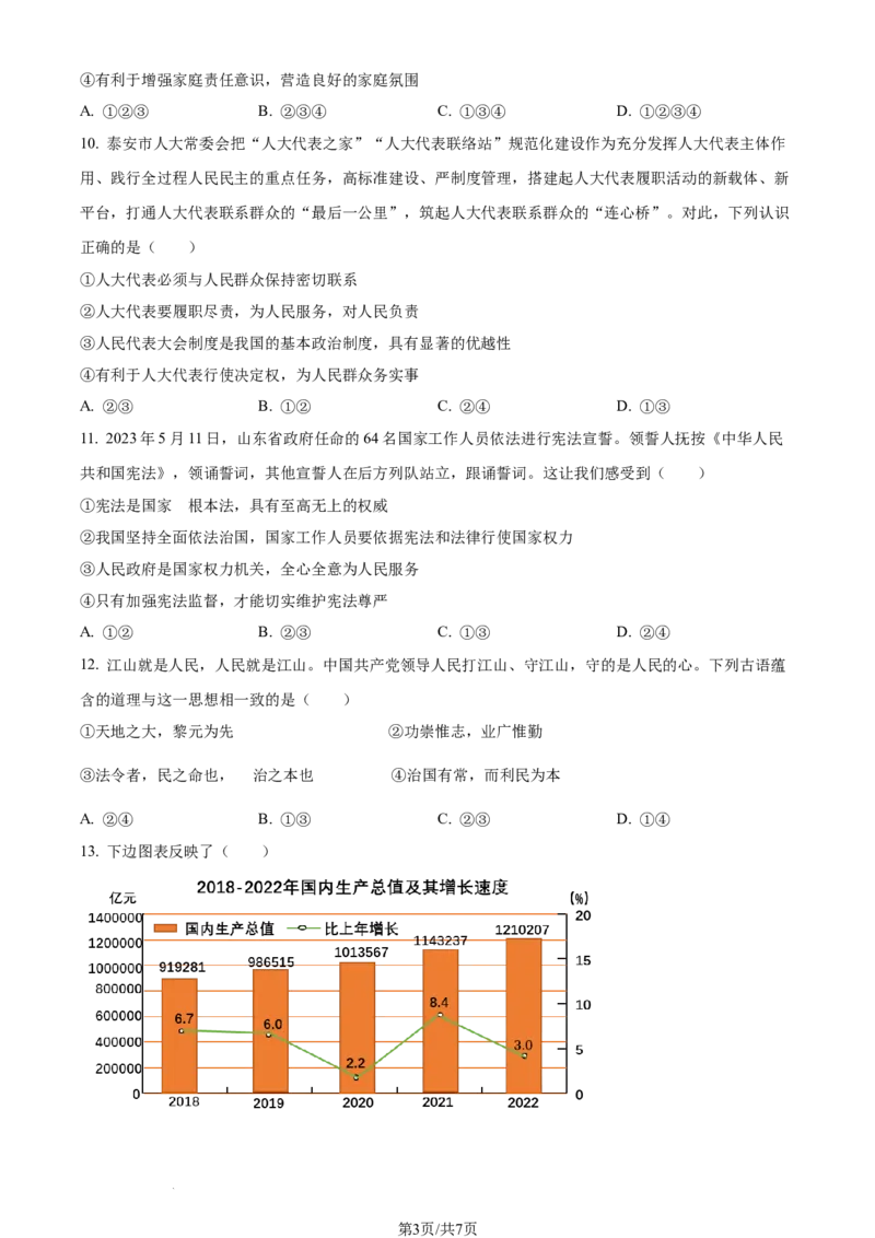 2023年山东省泰安市中考道德与法治真题（原卷版）_1、初中学习资料_2024秋改版_七上最新版道德课件_中考真题_山东