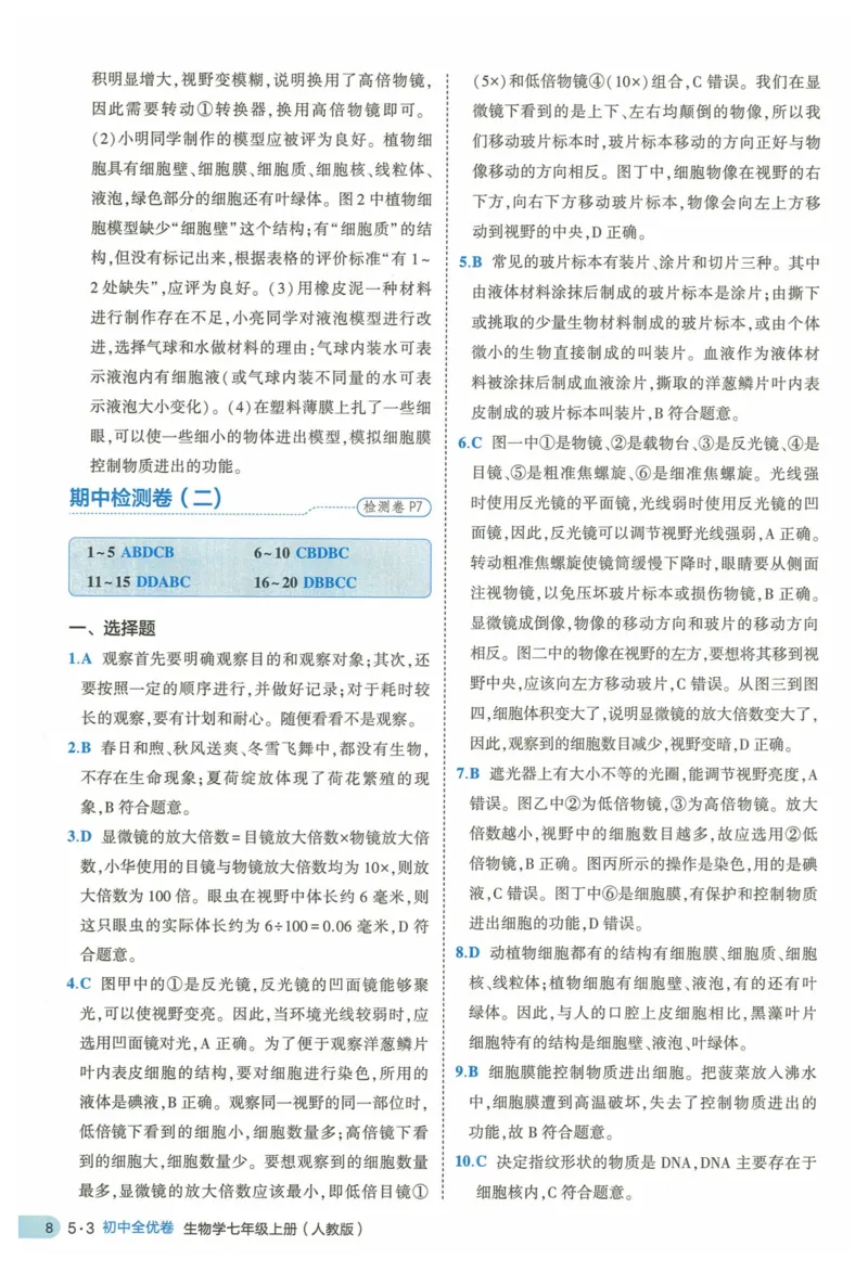 2025《53全优卷》生物7上(RJ)答案_1、初中学习资料_24秋试卷_（41205）期末冲刺2025《53全优卷》小四门7上(人教)_2025《53全优卷》生物7上(RJ)