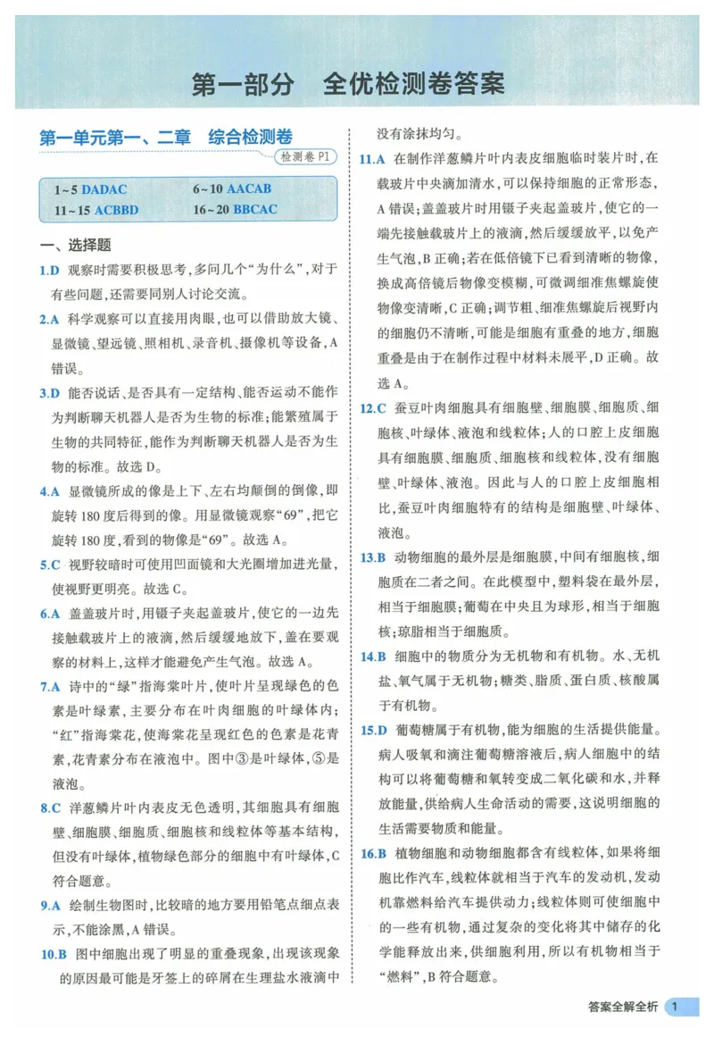 2025《53全优卷》生物7上(RJ)答案_1、初中学习资料_24秋试卷_（41205）期末冲刺2025《53全优卷》小四门7上(人教)_2025《53全优卷》生物7上(RJ)