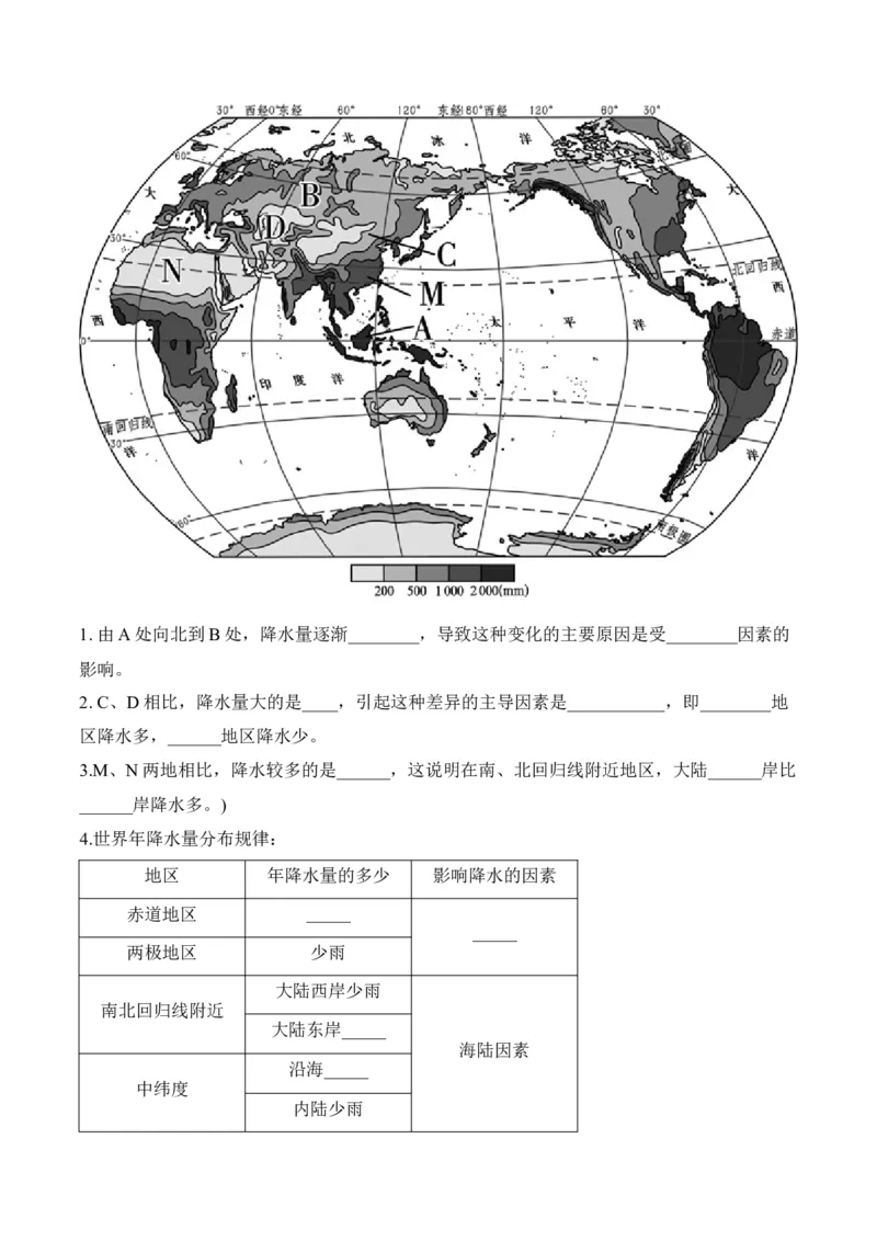 3.3降水的变化与分布-2022-2023学年七年级地理上册课后培优分级练（人教版）（原卷版）_1、初中学习资料_4-8、地理_4-8-1、初一地理上册_1.地理7上同步练习（31份）