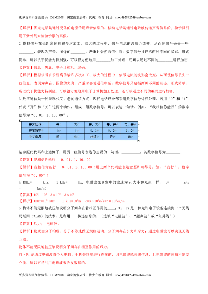 21.6《信息的传递》单元考试达标检测试题（解析版）_1、初中学习资料_4-4、物理_4-4-5、初三物理全册_人教版物理九年级全一册课时练习（090份）_课时练习第1套