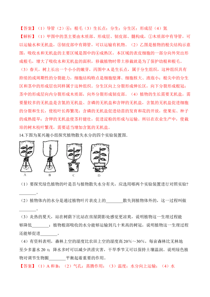 3.3绿色植物与生物圈的水循环（习题）-2022-2023学年七年级生物上册同步优质备课资源（人教版）（解析版）_1、初中学习资料_4-6、生物_4-6-1、初一生物上册_同步练习-138份