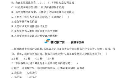 5.1.4鱼-2022-2023学年八年级生物上册课后培优分级练（人教版）（原卷版）_1、初中学习资料_4-6、生物_4-6-3、初二生物上册_1、同步练习（50份）