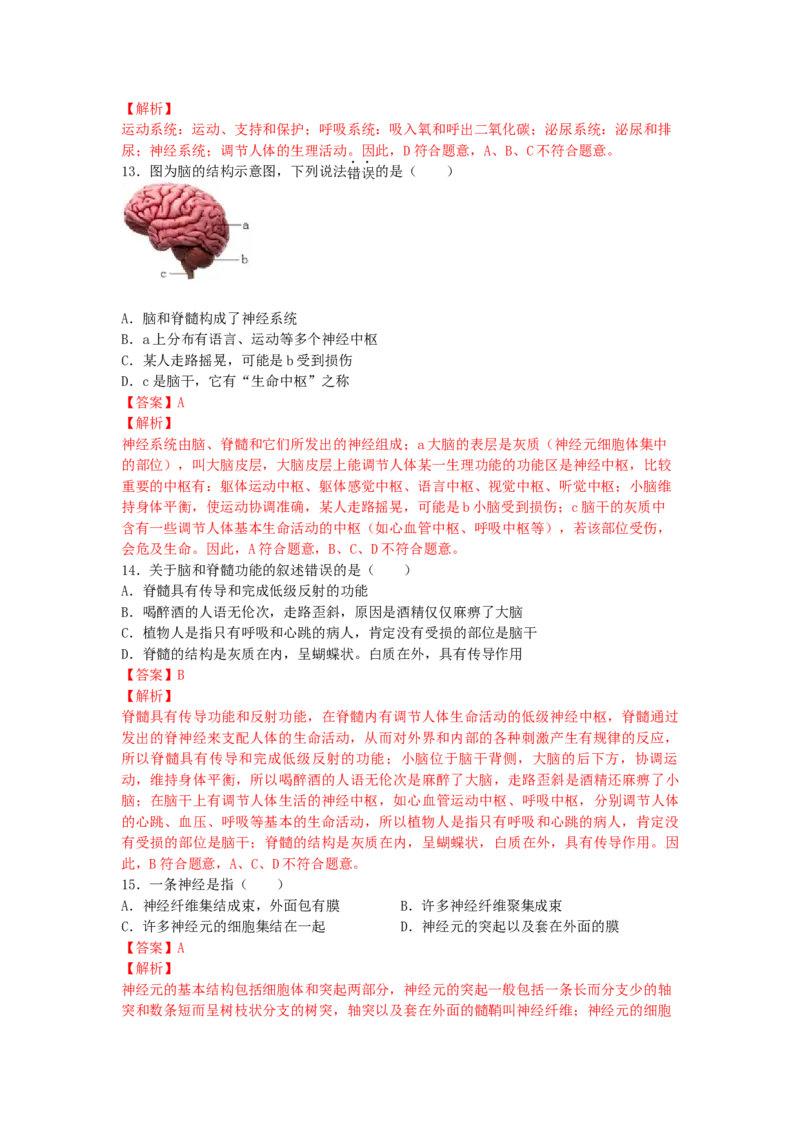 4.6.2神经系统的组成-练学堂2021-2022学年七年级生物下学期同步习题精练（人教版）（解析版）_1、初中学习资料_4-6、生物_4-6-2、初一生物下册_同步练习（89份）