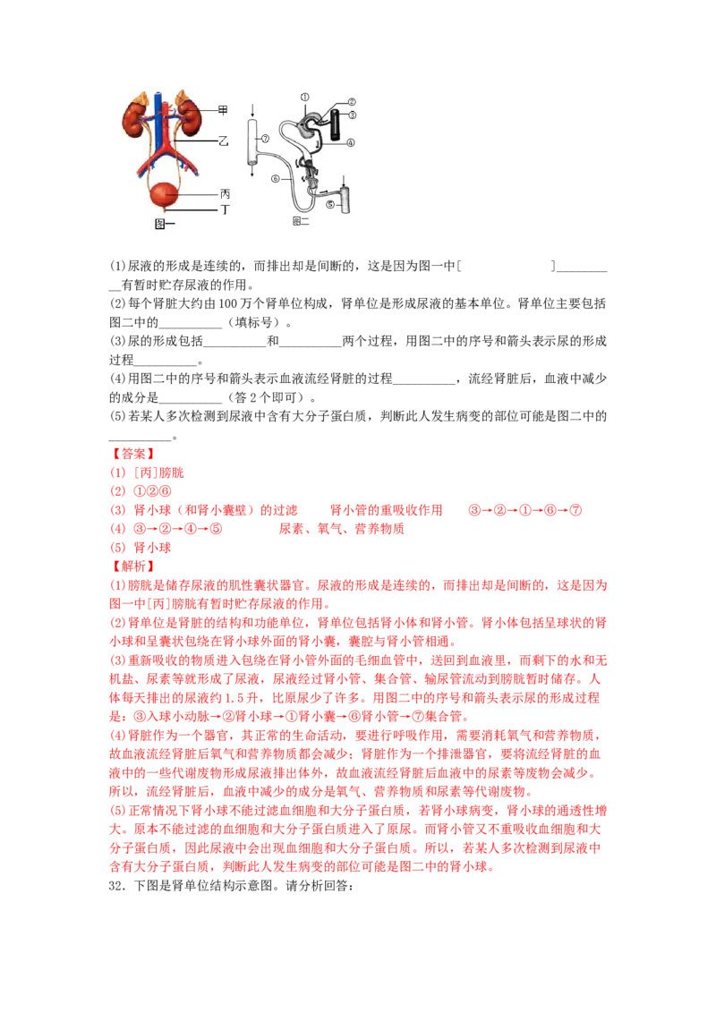 4.5人体内废物的排出-练学堂2021-2022学年七年级生物下学期同步习题精练（人教版）（解析版）_1、初中学习资料_4-6、生物_4-6-2、初一生物下册_同步练习（89份）
