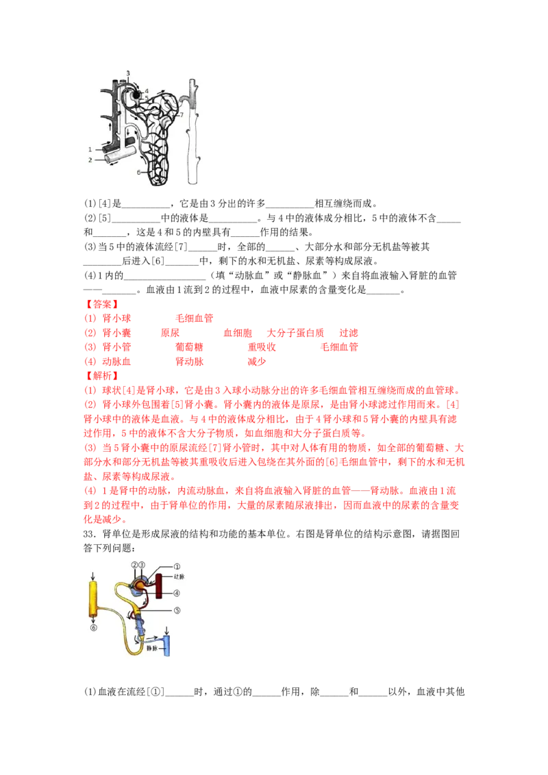 4.5人体内废物的排出-练学堂2021-2022学年七年级生物下学期同步习题精练（人教版）（解析版）_1、初中学习资料_4-6、生物_4-6-2、初一生物下册_同步练习（89份）