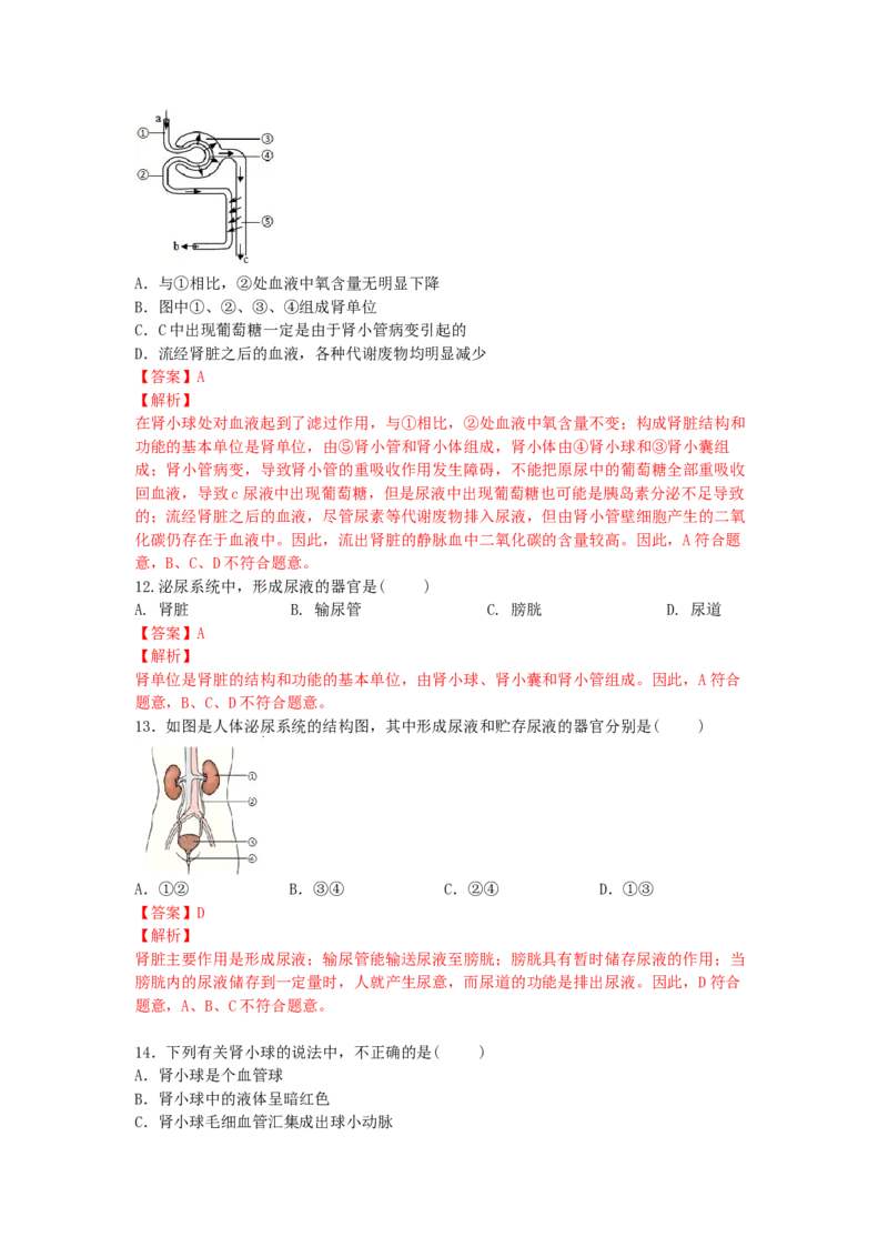 4.5人体内废物的排出-练学堂2021-2022学年七年级生物下学期同步习题精练（人教版）（解析版）_1、初中学习资料_4-6、生物_4-6-2、初一生物下册_同步练习（89份）