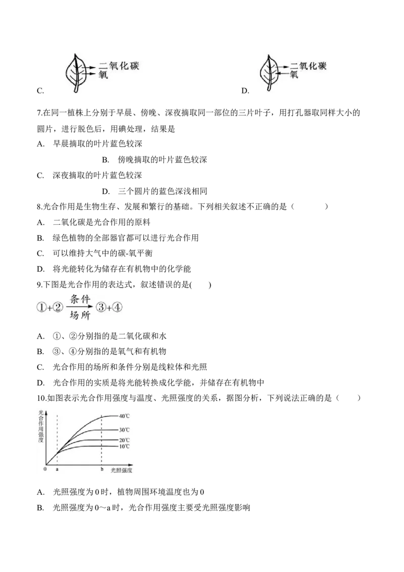 3.5.1光合作用吸收二氧化碳释放氧气（习题）-2022-2023学年七年级生物上册同步优质备课资源（人教版）（原卷版）_1、初中学习资料_4-6、生物_4-6-1、初一生物上册_同步练习-138份