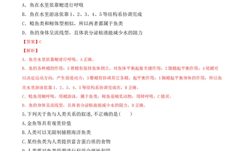 5.1.4鱼-2022-2023学年八年级生物上册课后培优分级练（人教版）（解析版）_1、初中学习资料_4-6、生物_4-6-3、初二生物上册_1、同步练习（50份）