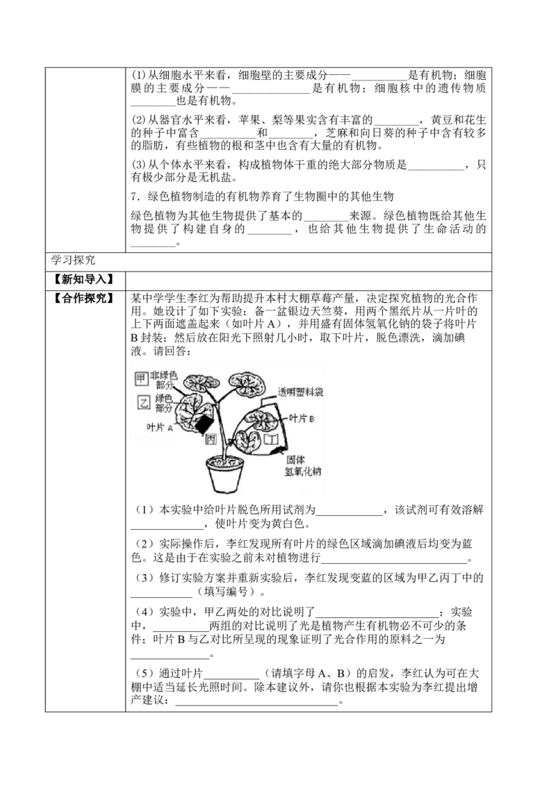 3.4绿色植物是生物圈中有机物的制造者（学案）-2022-2023学年七年级生物上册同步优质备课资源（人教版）_1、初中学习资料_4-6、生物_4-6-1、初一生物上册_同步练习-138份