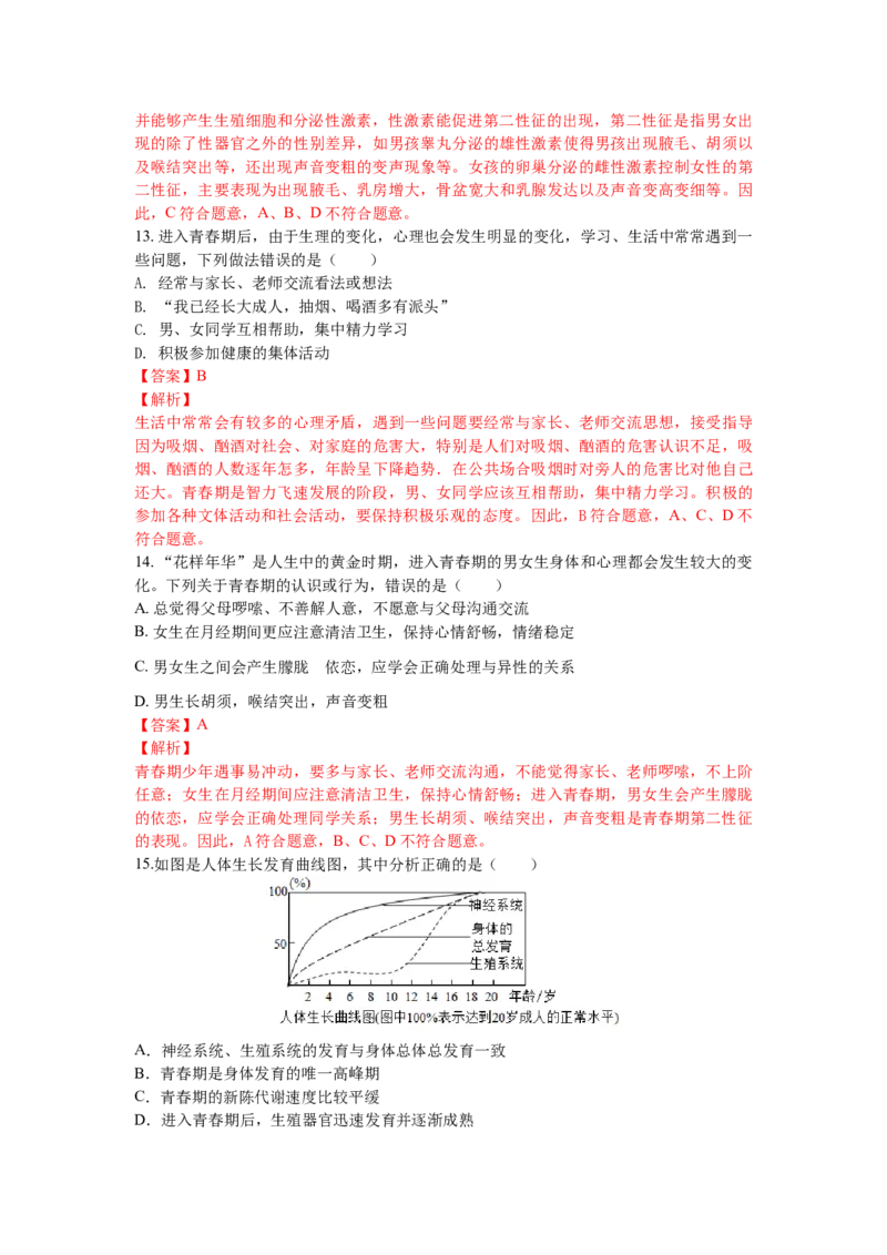 4.1.3青春期-练学堂2021-2022学年七年级生物下册同步习题精练（人教版）（解析版）_1、初中学习资料_4-6、生物_4-6-2、初一生物下册_同步练习（89份）_同步练习第1套（20份）