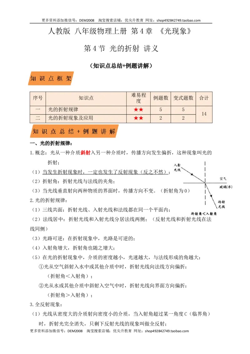 4.4光的折射（知识点+例题）（解析版）_1、初中学习资料_4-4、物理_4-4-3、初二物理上册_人教版物理八年级上课时练习（104份）_课时练习第1套53