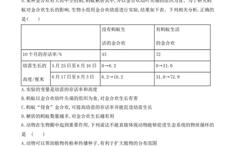 5.3动物在生物圈中的作用-2022-2023学年八年级生物上册课后培优分级练（人教版）（原卷版）_1、初中学习资料_4-6、生物_4-6-3、初二生物上册_1、同步练习（50份）
