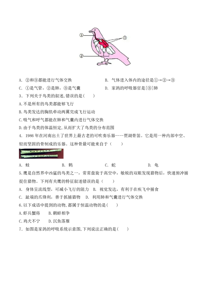5.1.6鸟-2022-2023学年八年级生物上册课后培优分级练（人教版）（原卷版）_1、初中学习资料_4-6、生物_4-6-3、初二生物上册_1、同步练习（50份）