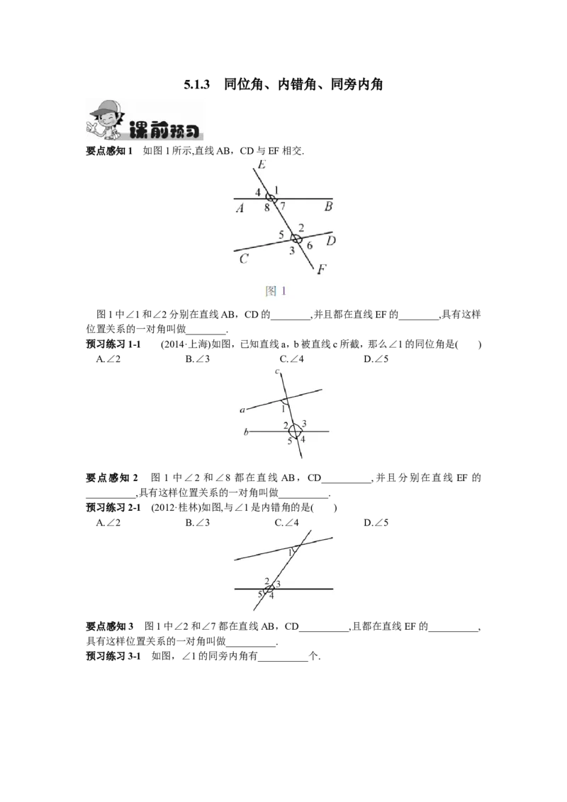 5.1.3同位角、内错角、同旁内角_1、初中学习资料_4-2、数学_4-2-2、初一数学下册_人教数学七年级下课时练习（148份）_同步练习（第2套含答案）（共34份）_第5章相交线与平行线
