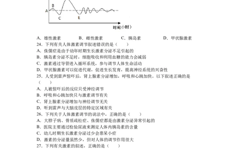4.6.4激素调节-练学堂2021-2022学年七年级生物下学期同步习题精练（人教版）（原卷版）_1、初中学习资料_4-6、生物_4-6-2、初一生物下册_同步练习（89份）_同步练习第1套（20份）